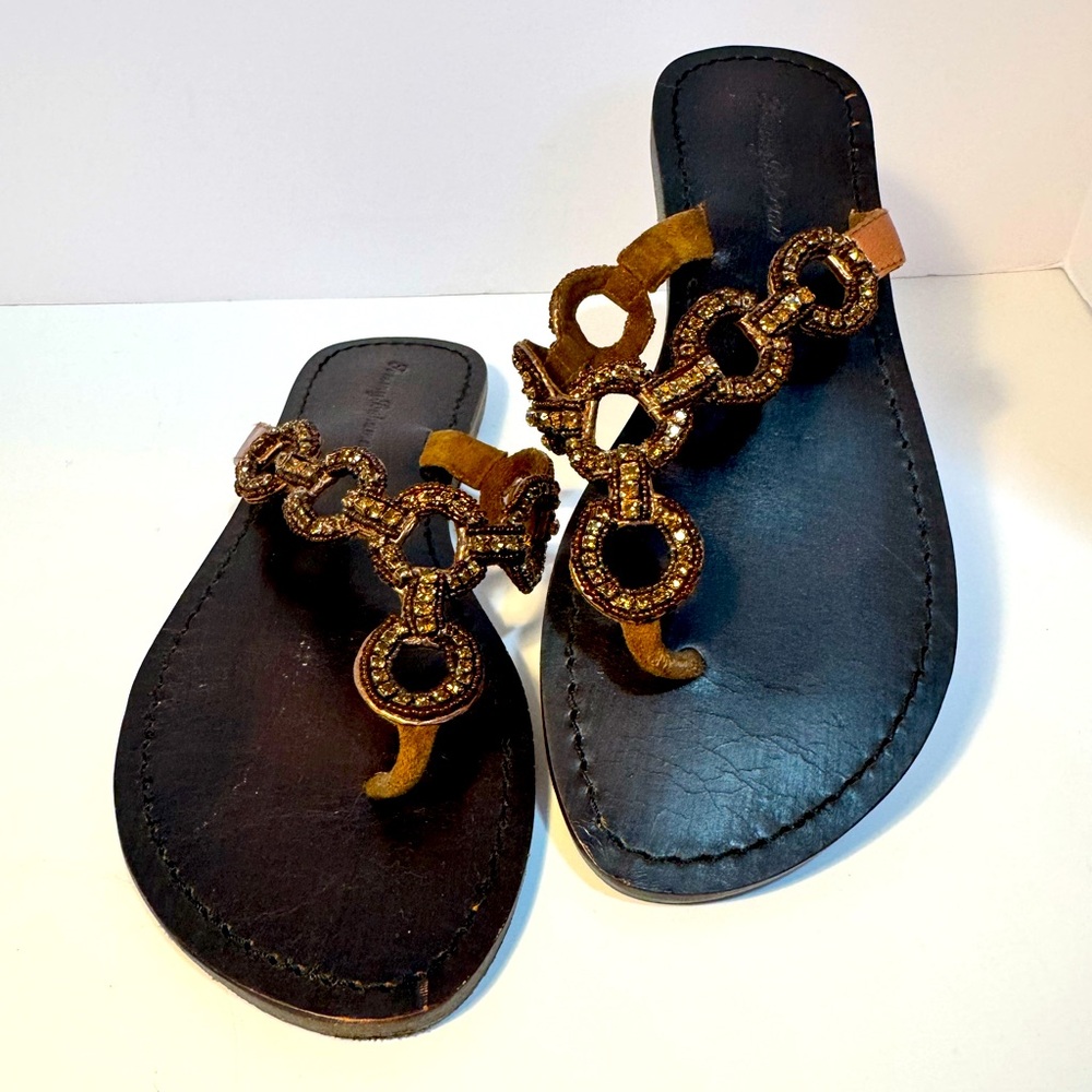 TOMMY BAHAMA Leather Rhinestone Flip Flops Sandals - Women's Size 9 - Brown